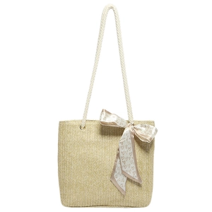 Grand sac cabas tendance en paille avec bandoulières en corde et nœud en soie à cœurs