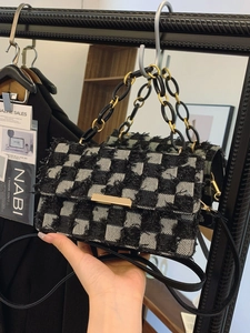Women's Checkerboard Canvas Shoulder Bag Fashion Small Square Crossbody Bag With Chain Strap Fringe Detail Daily Casual Purse