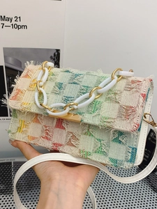 Fashion woven denim crossbody bag with colorful fringes and white chunky chain handle