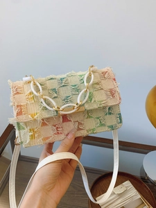 Fashion tweed woven small square bag with fringe details and gold chain shoulder strap