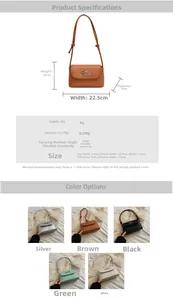 Detailed view of solid PU shoulder bag with metal bow accent and size specifications