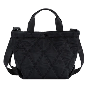 Classic black quilted tote bag with diamond stitching and adjustable shoulder strap