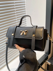 Women PU Leather Small Square Bag Metallic Bowknot Gold Hardware Flap Crossbody Bag Handbag For Daily Work Commute Office
