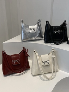 Minimalist glossy leather shoulder bags with metal bow buckle in four trendy colors