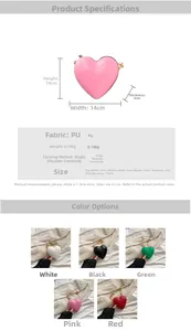 Detailed size specifications and 5-color options for the heart-shaped mini crossbody bag
