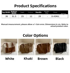 Tabella dimensionale dettagliata e confronto a quattro colori per la grande borsa tote in PU