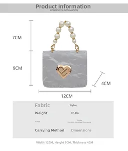 Detailed specs of gray nylon mini square bag with pearl handle and golden heart clasp