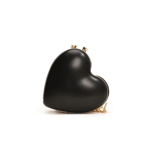 Elegant black heart-shaped crossbody bag with gold chain strap and metal clasp