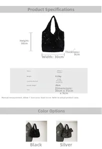Detailed size specifications for sequin tote bag and matching pouch set with measurements