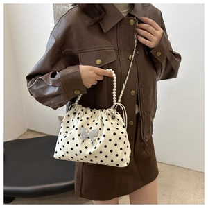 Polka dot bucket bag with pearl handle and butterfly charm worn by a model in a room