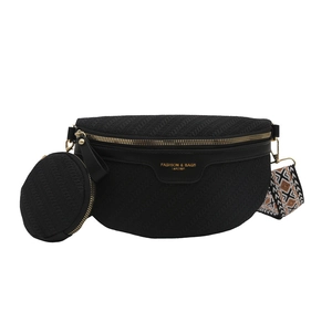 Borsa a tracolla nera alla moda con ampia tracolla geometrica e portamonete tondo