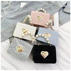 Women Mini Shoulder Bag Fashion Heart Lock Artificial Pearl Handle Crinkle Texture Nylon Crossbody Bag Small Square Handbag Clutch