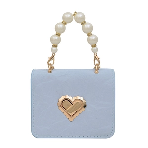 Mini light blue pearl handbag with heart-shaped gold lock and elegant beaded handle