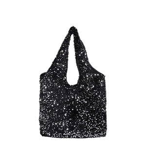 Elegant black sequin hobo tote bag with a spacious interior and shiny finish
