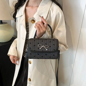 Chic grey bow-embroidered flap crossbody bag with silver metallic hardware and top handle