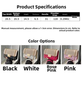 Size chart showing dimensions and colors of the woven crossbody bag with metal chain
