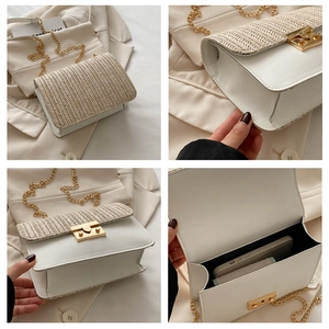 Detailed views of woven straw and white leather crossbody bag with gold chain strap