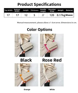 Detail view of woven mini crossbody bag size chart and four color options display