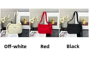 Minimalist nylon messenger bag in cream, red, and black with double front pockets