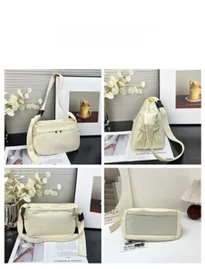 Detailed multi-angle views of a minimalist cream-colored nylon messenger bag with pockets