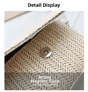 Close-up of the woven straw material and secure round magnetic closure on a small handbag
