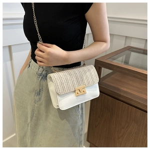 Detail of stylish woven straw crossbody bag with gold chain strap and metal clasp lock