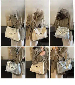 Detailed multi-angle view of large capacity chain crossbody bag in white and silver finish