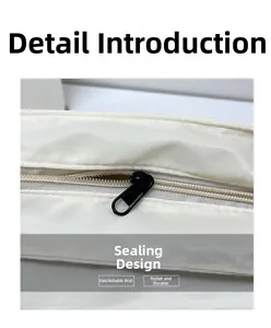 Detail view of smooth nylon fabric with premium black metal zipper closure on the tote bag