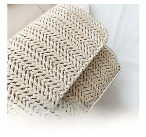 Detailed macro view of woven herringbone pattern and precise stitching on straw bag