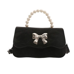 Elegante schwarze Handtasche mit Perlen Griff und silberner Schleifenverzierung