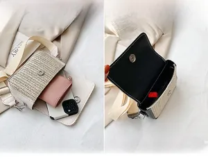 Internal view of beige woven crossbody bag showing main pocket capacity for daily essentials