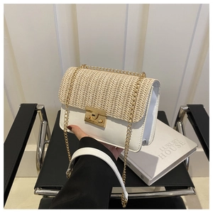 Detail of a straw patchwork crossbody bag with a gold chain strap and metal buckle