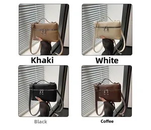 Detail view of lychee pattern crossbody bag in khaki, white, black, and brown colors