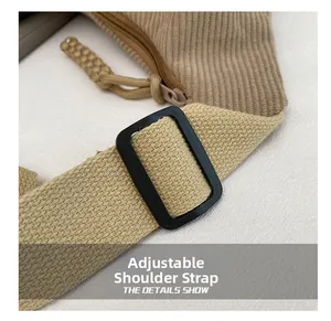 Detailed close-up of beige corduroy texture with adjustable strap and durable zipper