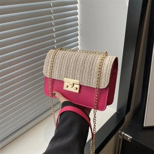 Women Fashion Straw Weave Color-Block Shoulder Bag Contrast Patchwork Chain Crossbody Small Square Bag Summer Vacation Casual Handbag