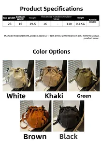 Size chart for nylon bucket bag showing dimensions 23x16x19.5cm in five colors