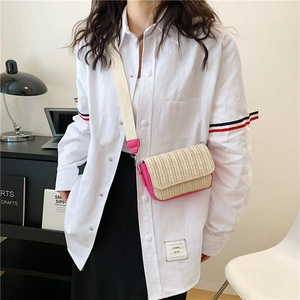 Fashionable mini woven crossbody bag in beige and rose red with a wide strap