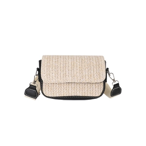 Fashionable woven crossbody bag with beige straw flap and black leather details for women