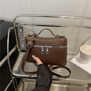 Dark brown lychee texture leather lunchbox bag with top handle and silver zippers