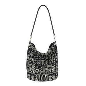 Sac seau chic de style chinois avec imprimé floral en toile et bandoulière en cuir