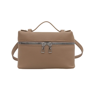 Brown lychee pattern leather handbag with silver double zippers and top handle