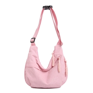 Pink corduroy hobo crossbody bag with adjustable strap and casual large capacity design