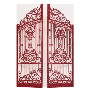 Glitter red laser cut wedding invitation card with elegant hollow gate design