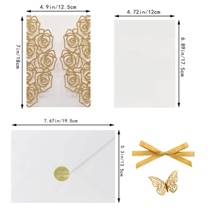 Detailed laser cut rose wedding invitation set with dimensions 18x12.5cm in gold glitter