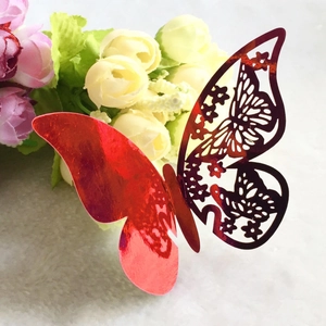 Red 3D laser-cut butterfly wall sticker with hollow flower pattern for wedding decor