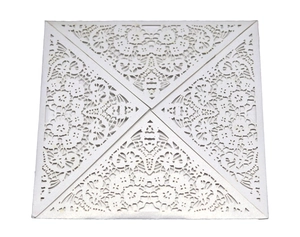 Elegant white laser-cut floral lace wedding invitation card with intricate square sleeve