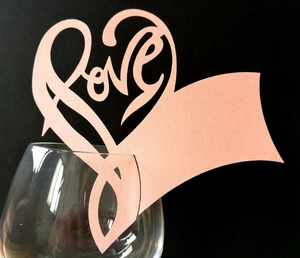 Pink glitter heart place card with Love laser-cut design for wedding wine glass decoration