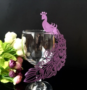 Laser Cut Hollow Out Wine Glass Place Cards Pearlescent Paper Butterfly Peacock Swan Heart Glass Name Cards For Wedding Party Decoration