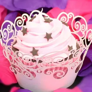 Laser Cut Hollow Cupcake Wrappers Pearlescent Paper Scroll Pattern Cake Decoration For Wedding Birthday Party Event Supplies