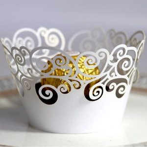 Laser Cut Paper Cupcake Wrappers Hollow Scrollwork Pattern Pearlescent Border Decoration For Wedding Party Birthday Celebration